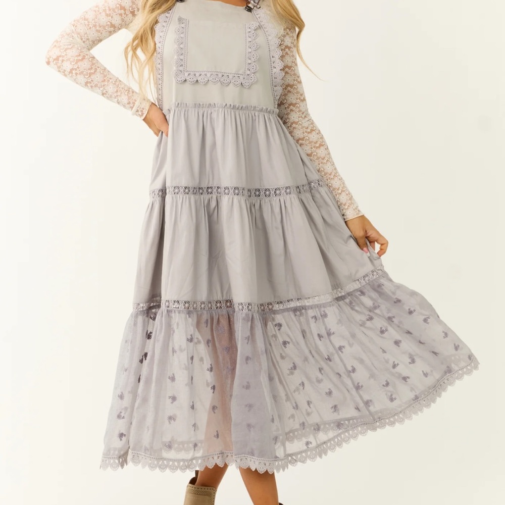 119 Listicle Heather Grey Lace Tiered Overalls NWT